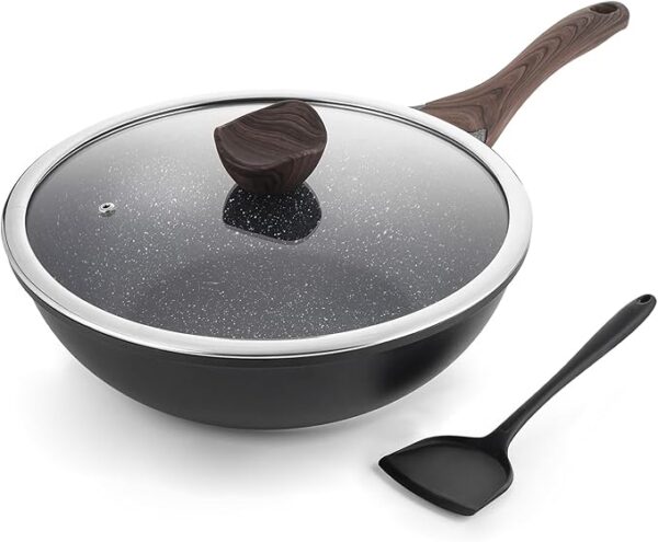 Kordisen Nonstick Wok with Lid, 12 Inch Kitchen Cooking Pot, Woks & Stir-fry Pans, Granite Stone Coating for Cooking, Induction Cookware, Compatible with All Stovetops, PFOA Free