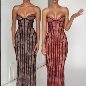 Women Gauze Fishbone Strapless Dress Chic Backless Off-shoulder Waist Cinching Slim Maxi Vestidos 2026 Lady Evening Party Gowns