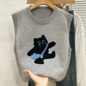 Cute Age-Defng Knitted Sweater Vest Classic Embroidered  Forest System Faionable Autumn Winter Sle round Ne Vest