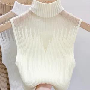 Mesh Knitted Top Women Y2K Tank Top Half Neck Vest Female Sleeveless Sweater Chic Cut Out Streetwear Solid Skinny Tube Top