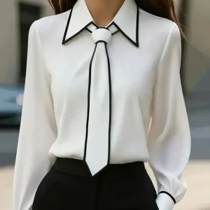 Women's fashion tie lapel design casual long-sleeved shirt