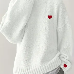 Ladies Long Sleeve Knitted Sweater Spring Autumn Red Heart Embroidery Base Shirt Couple Valentine's Day Gift