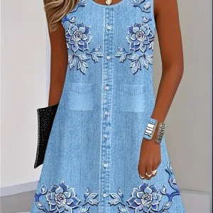 2025 Women Summer Sleeveless Bohemian Dress Fashion Imitate Cowboy Vest Flowers Print Dress Casual Tank Beach Dresses For Women