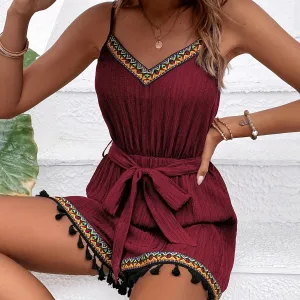 Ethnic Colorful Tassel Trim Texture Pure Color Strap Jumpsuit And Belt Short Pants One-Piece Suit with National Style Details
