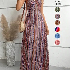 Women's Summer Ethnic Pattern Backless Split Thigh Dress Ladies Summer Clothes Boho Fashion Frill Trim Long Dress for Beach