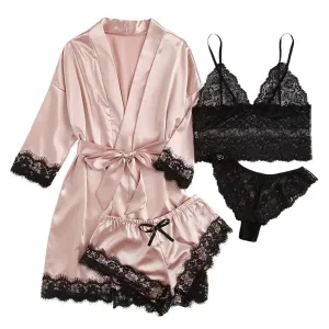 2025New Women's Pajama Fashion 4-piece Set Lace Satin Strap Sexy Pajama Set Dress Skin friendly Comfortable Casual Pajama Skirt