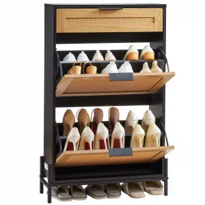 Shoe Storage Organizer with 2 Flip Rattan Drawers&1 Slide Drawer Metal Legs Slim Shoe Cabinet for Entryway Closet Hallway