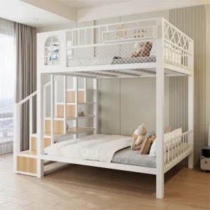 New Chinese wrought iron bed elevated bed simple high and low bed thickened small apartment children's duplex loft