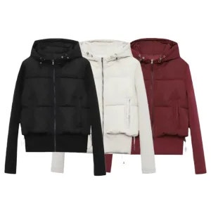Women's casual fashion slim stretch fabric splicing cotton coat warm hooded cotton coat