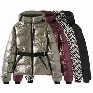 Women's Winter Hooded High Waist Padded Sport Parkas Coats with Belt Female Elegant Thick Warm Pockets Windproof Skiing Jackets