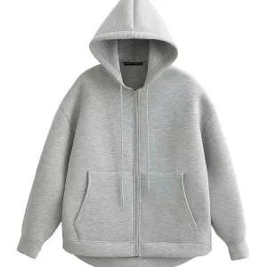 Autumn Women Gray Jacket With Hood Long Sleeve Big Pocket Zipper Jacket Coat Woman Loose Casual Outerwear Coat Tops