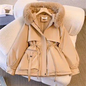 Women Autumn Winter Fashion Coats Korean Hooded Drawstring Padded Jackets Solid Female Casual Street Outfit Coat Zip Up Parkas