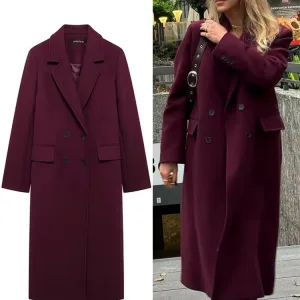 Women Fashion Burgundy Coat Double Breasted Long Sleeve Lapel Blends Jacket Autumn Winter High Street Outerwear