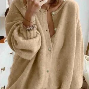 Women's Beige Oversized Knit Cardigan Button Front Casual Long Sleeve Loose-Fit Pullover