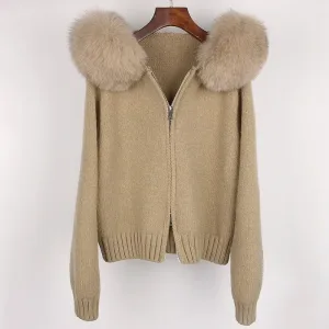 Fashion Autumn Winter Casual Hooded Real Fox Fur Collar Fashion Short Knitted Jacket with Natural Fur Coat for Women