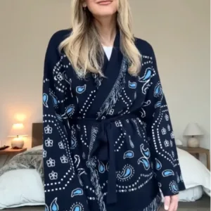 Tassel Patchwork Printed Cardigan Women Geometric Patterns Belts V-neck Long Sleeve Knitted Street Lady Sweater 2025 Autumn Coat