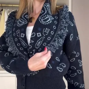 Women's Flower Fringe Knitted Cardigan Fashion V-neck Long Sleeve Cropped Button Casual Coat Lady 2025 Autumn Chic Outerwear