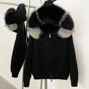 Coat Women Cardigan Natural Fox Fur Coat Women Real Mongolian Fur Knitwear Female Spring Autumn Hooded Knitted Fur Jacket