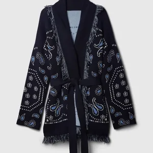 Vintage Tassels Print Women's Print Cardigan V-Neck Lace Up Full Sleeve Spliced Sweaters 2025 Autumn Lady All-match Kintwears