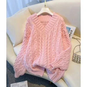 Women Fashion Oversized Pink V Neck Knitted Pullovers Korean Long Sleeve Knitwear Winter Casual Jumpers
