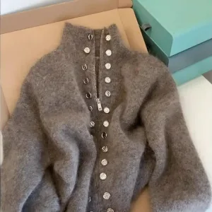 Luxury Fluffy Knitted Cardigan Sweater Design Double Breasted Sweater Coat Women Autumn High-end Lazy Zipper 2000s Y2k Knit Top