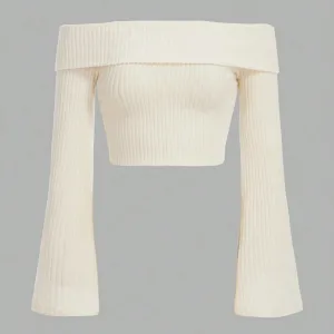 Women Off The Shoulder Flare Long Sleeve Crop Top Fall Spring 2024 Sexy Rib-knit Fleece Cropped Blouse Tee Shirts Streetwear Y2K