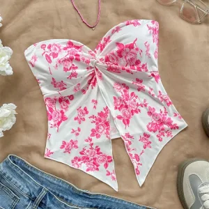 Floral Print Twist Knot Crop Top for Women Summer Sexy Off the Shoulder Ruched Tube Top Tank Top Streetwear Y2K Clothes