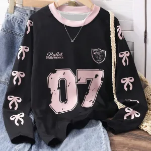 Women'S Long Sleeved Round Neck T-Shirt With Bow Star Print Short Sleeved Round Neck Loose And Fashionable Casual Top