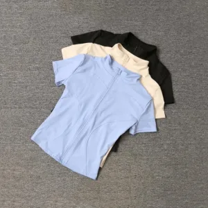 Summer High Quality Waist Slimming Training Tops Women's Quick-drying Tight Stand Collar Full Zipper Short Sleeves Yoga shirts