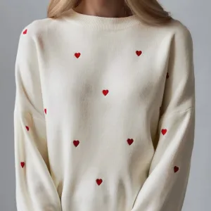 Women's Cream Red Heart Embroidered Oversized Knit Sweater Crew Neck Long Sleeve Casual Pullover Fashion Comfortable Top
