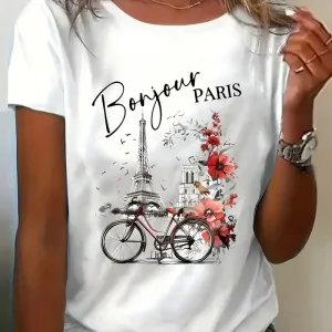 Fashion Bonjour Paris Text Print Short Sleeve Printed T Shirt  Casual Clothing Women's T-Shirt Graphic Clothing Top Tee