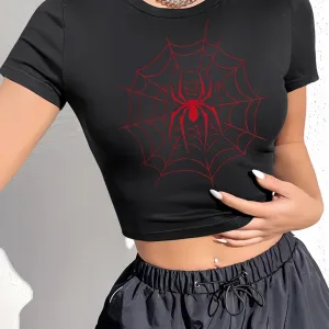 Women's Spider Print Round Neck Short Sleeve Slim Fit Cropped Top T-Shirt Women Clothes  Aesthetic Clothes