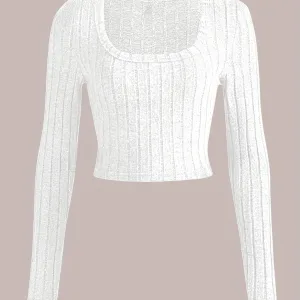 Autumn and winter women's square neck warm and comfortable inner and outer wear casual white long sleeve T-shirt