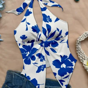 Women's summer beach vacation retro blue flowers print Trim bustier slim fit Camisole halter top，Y2K Vintage concert outfit