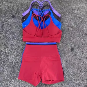 2 Piece Yoga Shorts Set Gym Sports Set Women Workout Outfit Fitness Suit Cross Straps Bra High Waist Shorts Running Tracksuit