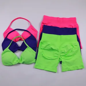 Seamless Yoga Set Women Workout Clothes Low Waist Scrunch Shorts Ruched Halter Sport Bra Top 2 Piece Sports Suit Gym Short Sets