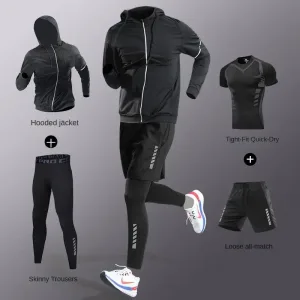 3-7Pcs Men's Ice Fiber Quick-Dry Running Fitness Full Set/Suit Tracksuit For Marathon, Training Cycling，Jogging,Gym， sweatpants