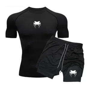 Men Compression Athletic Fitness Wear - Quick-Dry Tight Short-Sleeve Anime Double-Layer Shorts Summer Set Fitness Running Set
