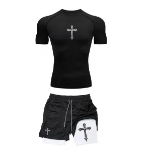 Jogging Breathable Compression Sportswear Summer Men's Training Two-piece Tight T-shirt Fitness Shorts Gym Workout Set RL0008