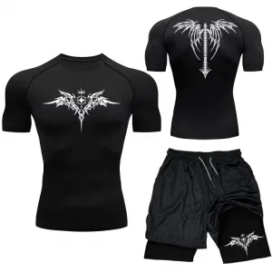 New Men's MMA Compression Athletic Set - Quick-Dry Gym Shorts + Running Workout Tight Rashguard 2-Piece Set RL0513