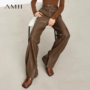 Minimalist PU Leather Casual Pants for Women 2025 Autumn New Loose Floor Length Straight Slit Female Trousers 12343250