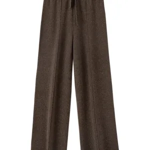 Autumn Winter Women Wide Leg Pants 100% Merino Wool Elastic Waist Straight Trousers Knitted Elegant Draped Loose Fit Trousers