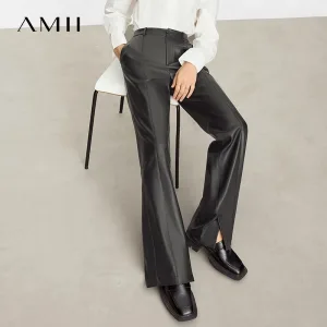 Minimalist Casual Pants for Women 2025 Autumn Clothing PU Leather Loose Straight Pants Slit Office Lady Trousers 12343250
