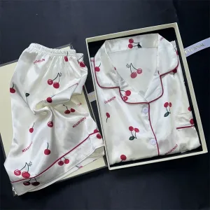 Cherry Print Silk Pajamas Set for Women Summer Short Sleeve Shirt and Shorts Two Pieces Sleepwear Homewear Nightwear