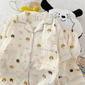 Summer Cloud Cotton ort Sve orts Pajamas Women's Cartoon Cute Girl Open Cardigan Set Home Clothes Soft Comfortable