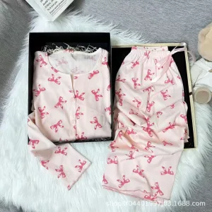 Sweet Korean Style Butterfly Knot Print Sleepwear Women's plus Size Long Sleeve Home Clothes Set Comfortable Breathable Polye...