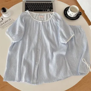 2026 New Sweet Simple Fre Blue Stripes Women's Summer ort Sve Spwear Thin Home Clothes Set Can Be Worn outside