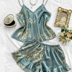 2-piece V-neck random print sexy casual shorts Pajama Set  Women's Sleepwear Loungewear