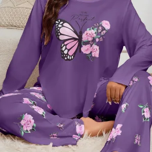 Women's plus size round neck long sleeve set pajamas