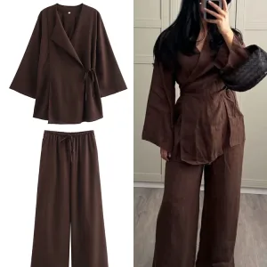 Fashion 2 Pieces Sets Women Spring Summer Kimono Style Loose Lace Up Shirts Tops Women's Wide Leg Pants Sets